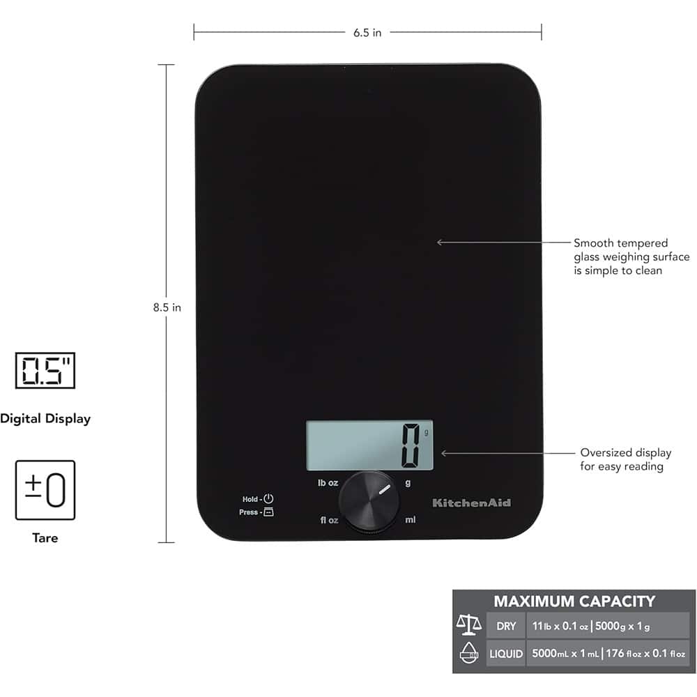 ACJPR - KitchenAid KQ914BA Digital Glass Top Kitchen and Food Scale, 11 lb Capacity, Measures Liquid & Dry Ingredients, Rotating