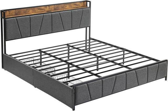 Front. Qeetex - Bed Frame with Headboard and Charging Function, Industrial Platform with Metal Frame, Easy Assembly - Gray.