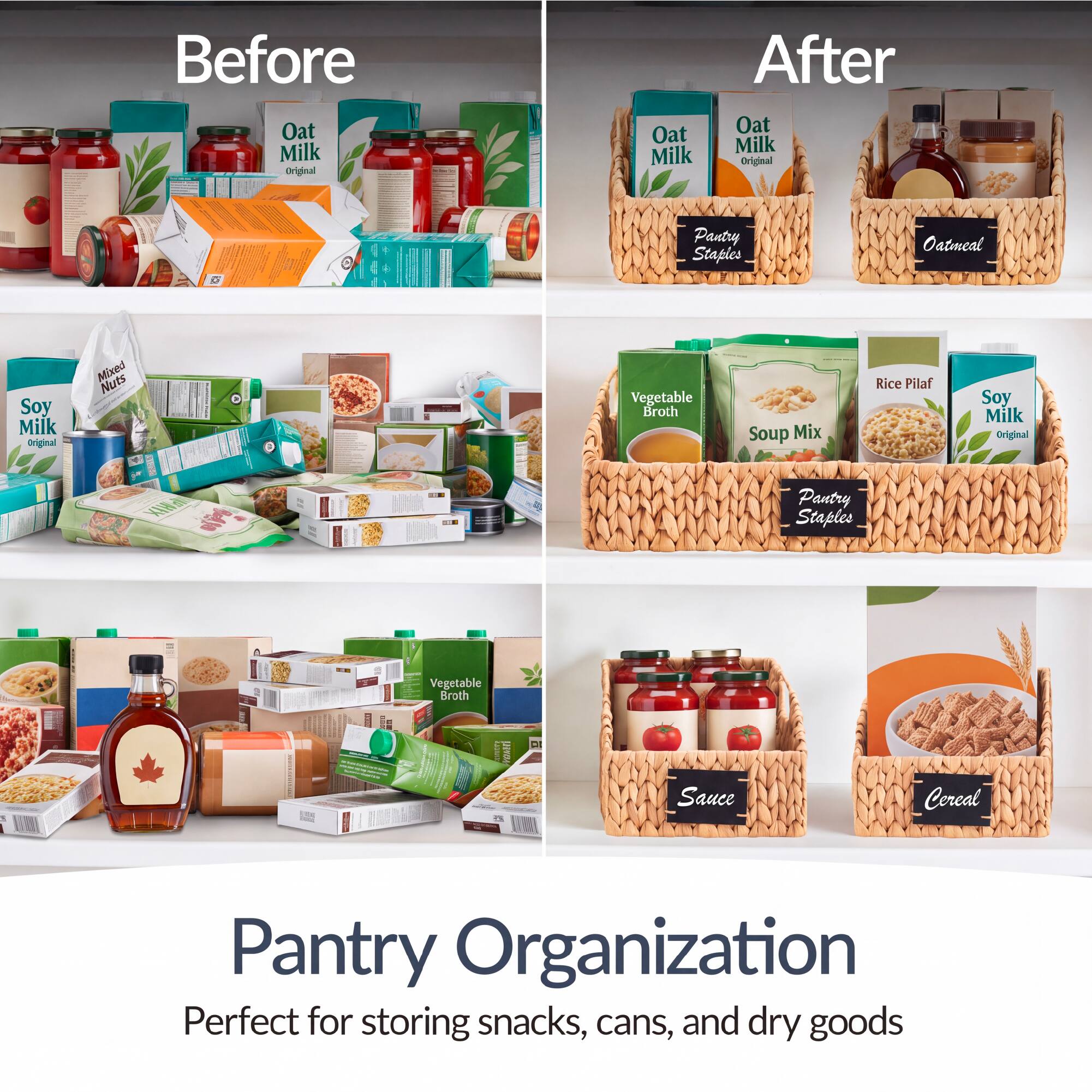 Before Oat Milk Original  
Oat Milk  
After Oat Milk Original  
Pantry Staples  
Oatmeal  
0  
Soy Milk Original  
Mixed Nuts  
Vegetable Broth  
Soup Mix  
Rice Pilaf  
Soy Milk Original  
MIX  
Pantry Staples  
Vegetable Broth  

Sauce  
Cereal  

Pantry Organization  
Perfect for storing snacks, cans, and dry goods