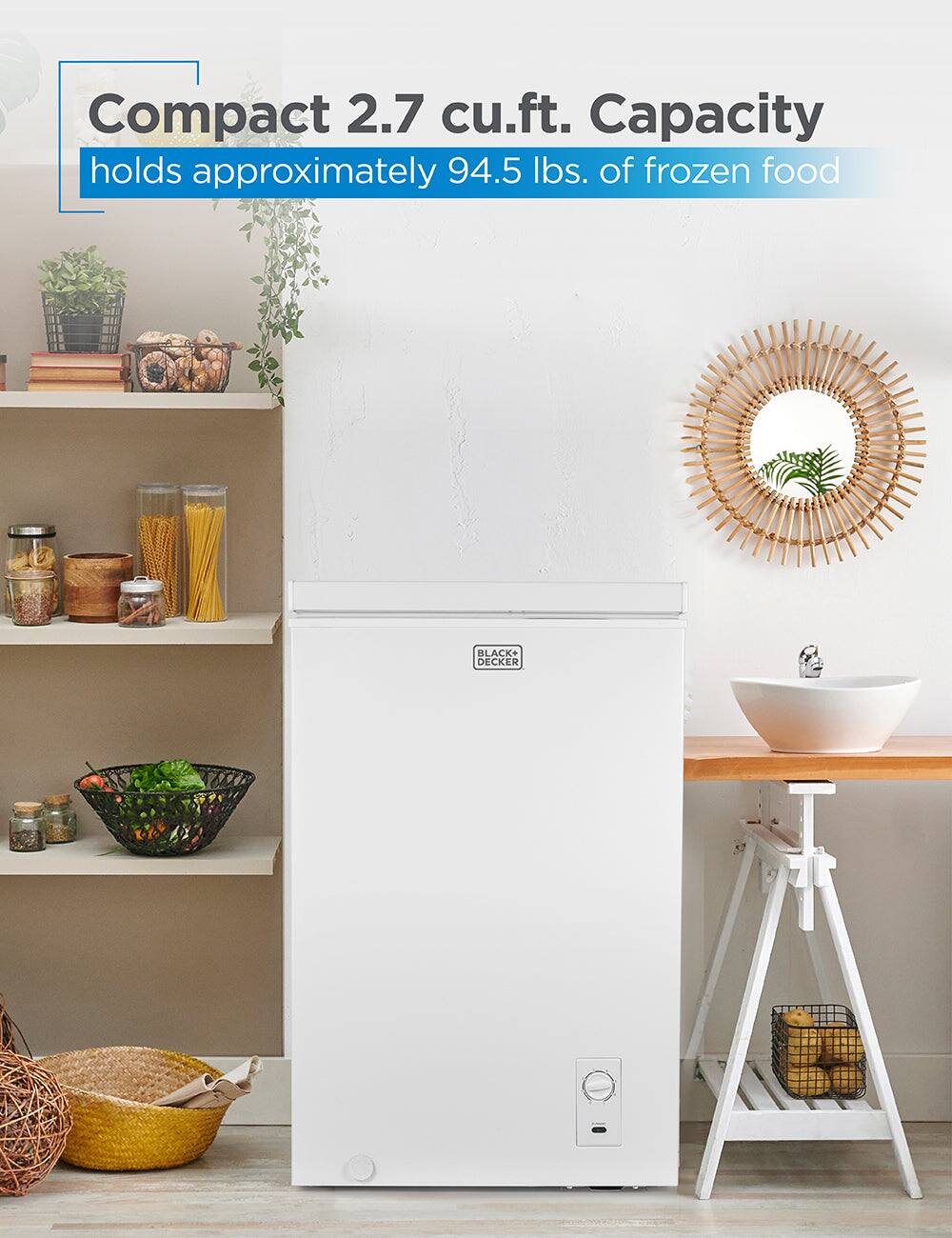 Compact 2.7 cu.ft. Capacity holds approximately 94.5 lbs. of frozen food. BLACK+ DECKER
