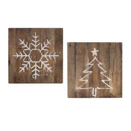 BreeBe - Distressed Wood Snowflake and Tree Block (Set of 2) - Brown, White