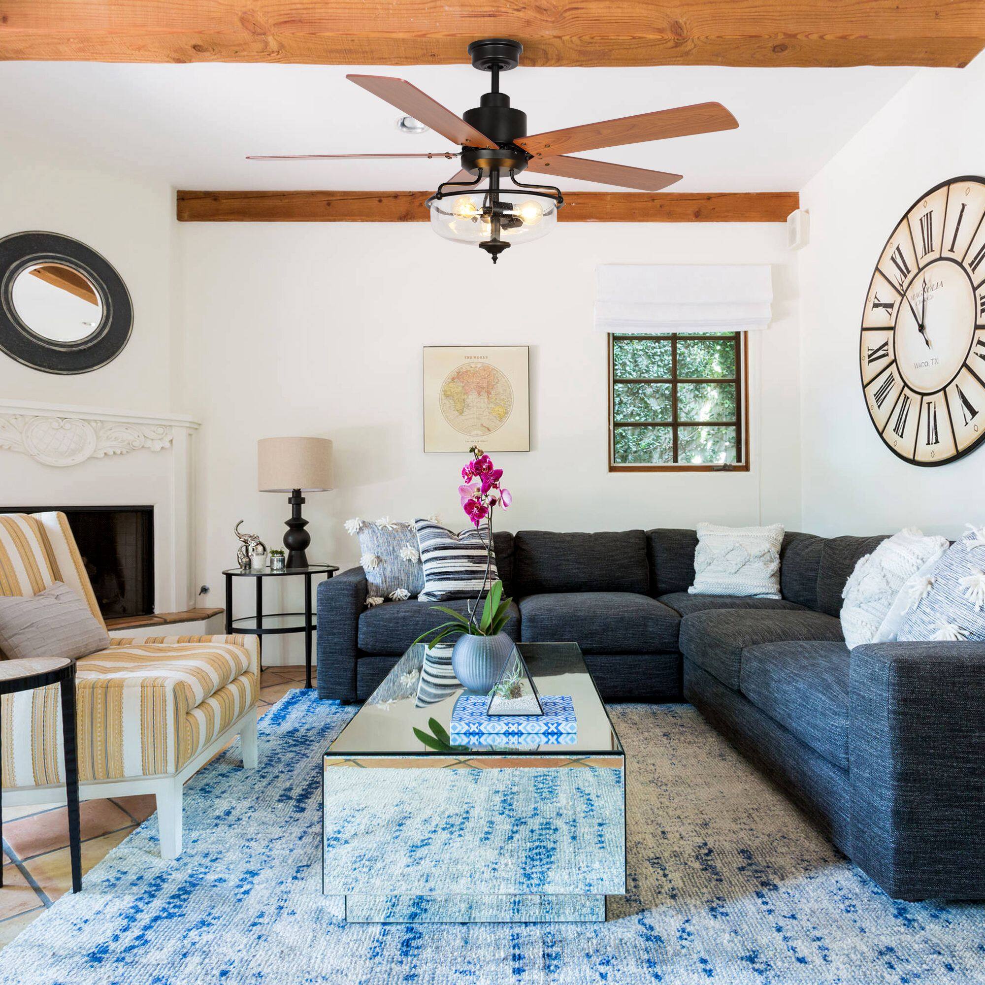 Angle. Parrot Uncle - 52" Farmhouse 5-Blade Ceiling Fan with Remote Control and Glass Shade - Black.