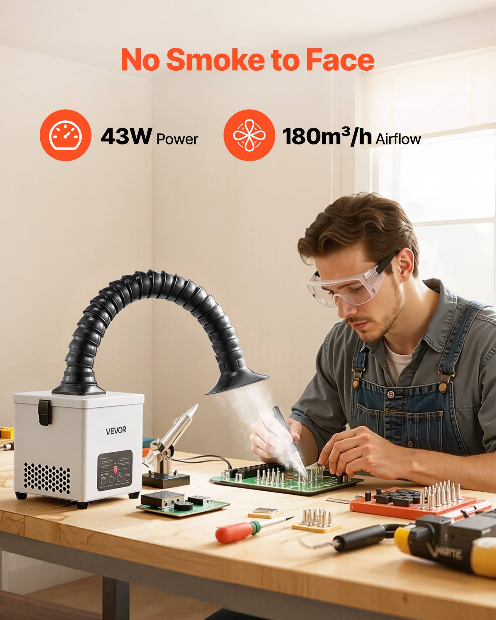No Smoke to Face  
43W Power  
180m³/h Airflow  
VEVOR