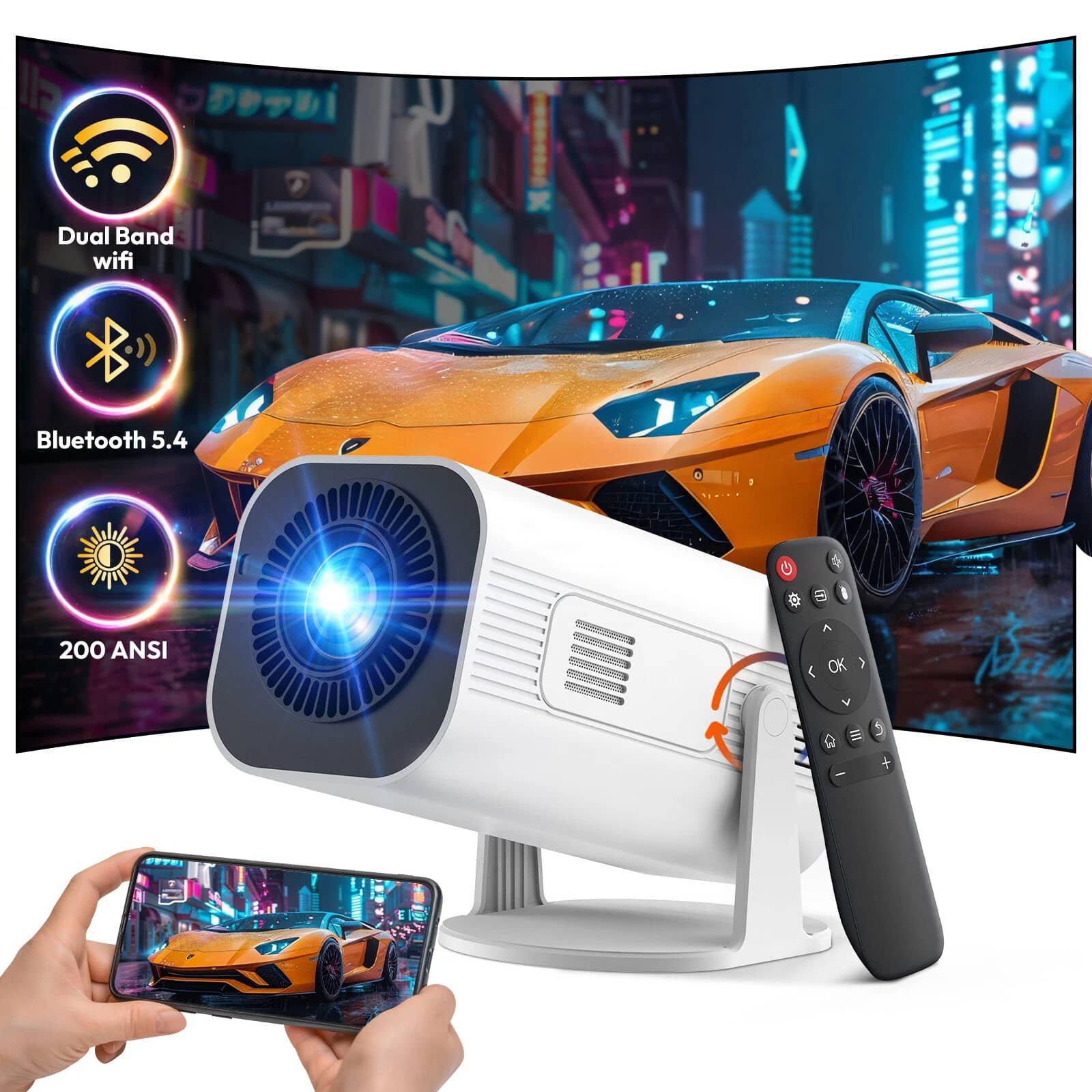 Xgody - LUXVYN V1 Mini Smart Portable Projector 200 ANSI 720P WiFi Bluetooth Auto Keystone Rotatable Stand Home Theater