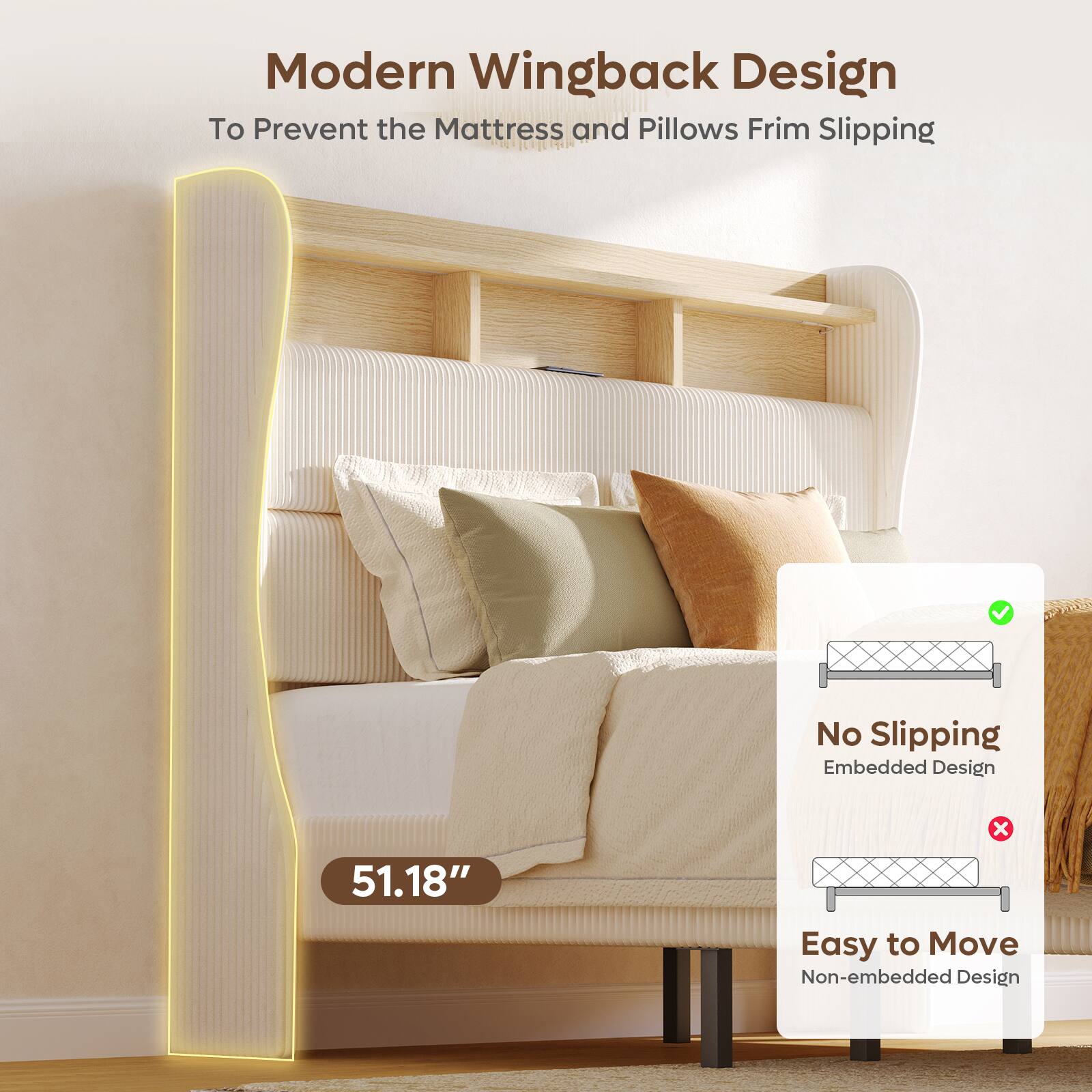 Modern Wingback Design  
To Prevent the Mattress and Pillows from Slipping  

No Slipping  
Embedded Design  

Easy to Move  
Non-embedded Design  

51.18"