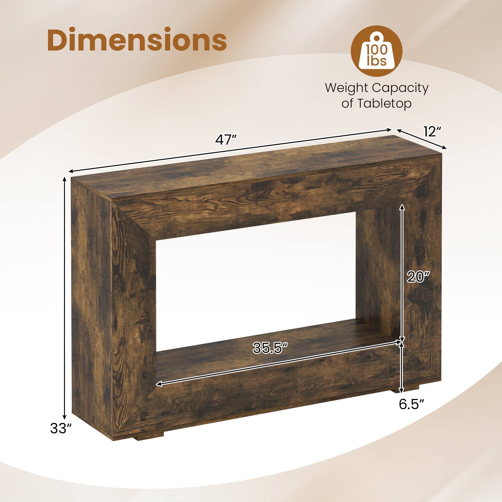 Dimensions
- Weight Capacity of Tabletop: 100 lbs
- Length: 47"
- Width: 12"
- Depth: 20"
- Height: 35.5"
- Thickness: 6.5"
- Overall Height: 33"