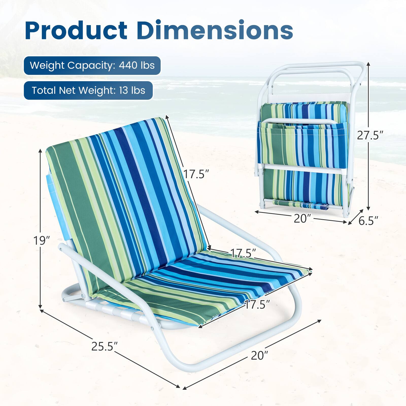 Product Dimensions  
Weight Capacity: 440 lbs  
Total Net Weight: 13 lbs  

27.5"  
17.5"  
20"  
6.5"  
19"  
17.5"  
17.5"  
25.5"  
20"