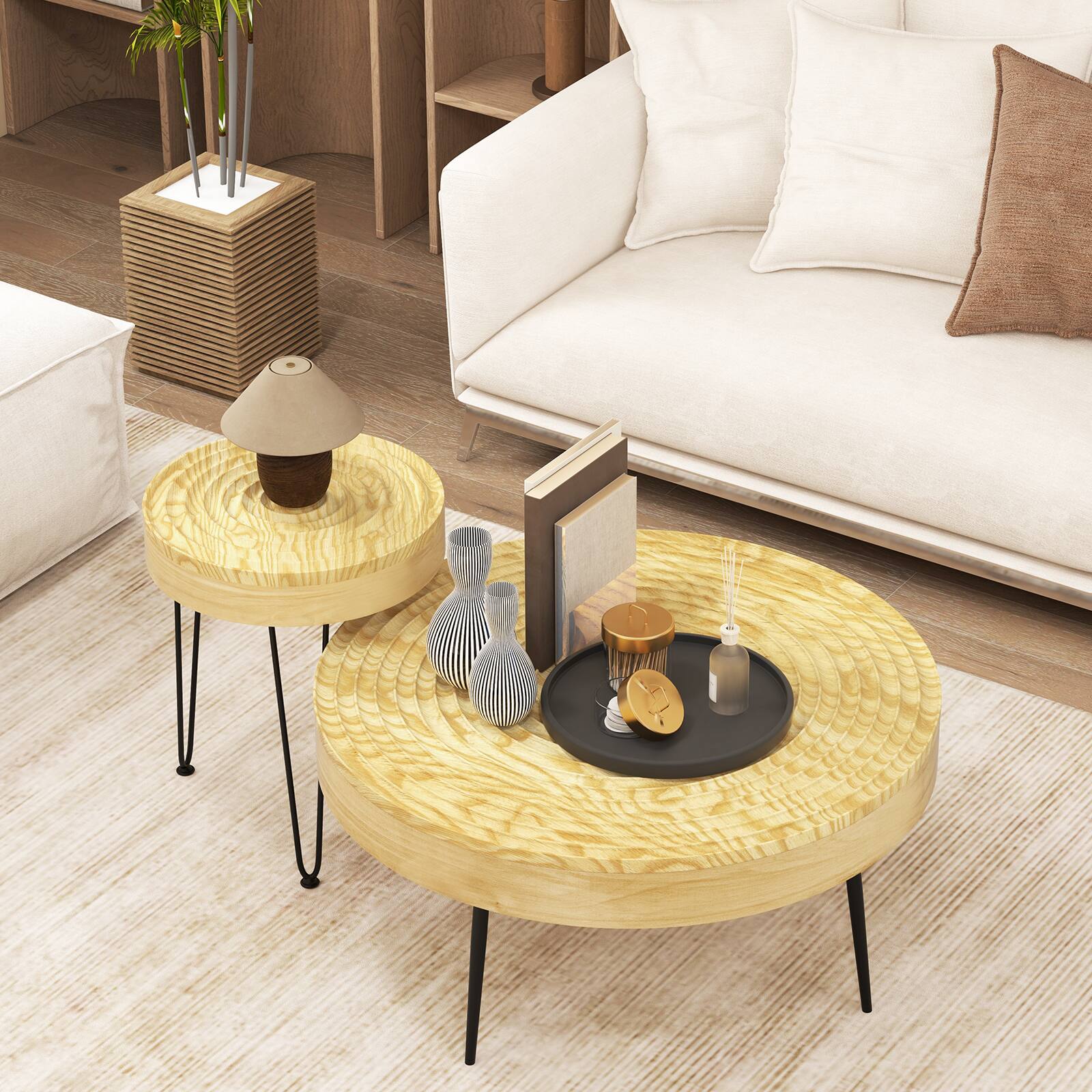 Alt View 8. Ecooso - Set of 2 Solid Wood Ring Pattern Farmhouse Round Coffee Tables - Natural.