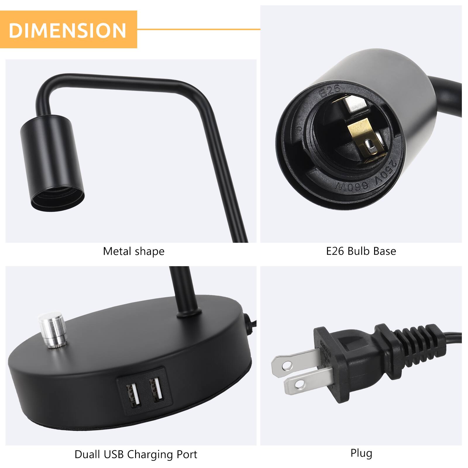 DIMENSION E26 M4099 250V  
Metal shape  
E26 Bulb Base  
Dual USB Charging Port  
Plug