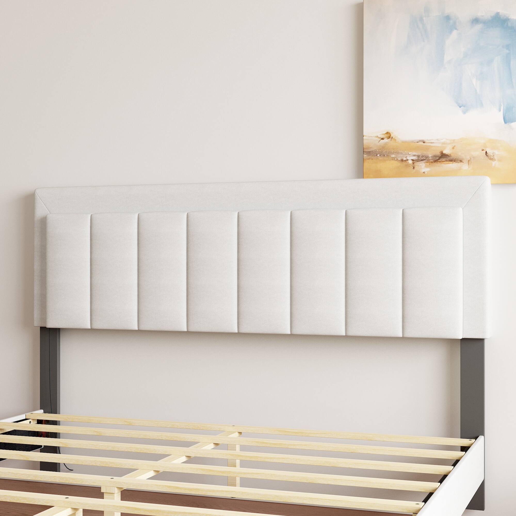 Alt View 4. Famapy - Famapy Upholstered Bed Frame with LED Headboard & Reinforced Slat Support - White.