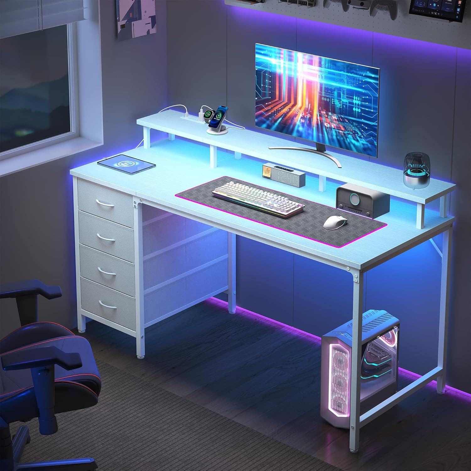 Sweet - 40" Gaming Desk with LED Lights, Power Outlets, 4 Drawer, Monitor Stand Reversible Computer Desk - White