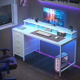 Sweet - 40" Gaming Desk with LED Lights, Power Outlets, 4 Drawer, Monitor Stand Reversible Computer Desk - White