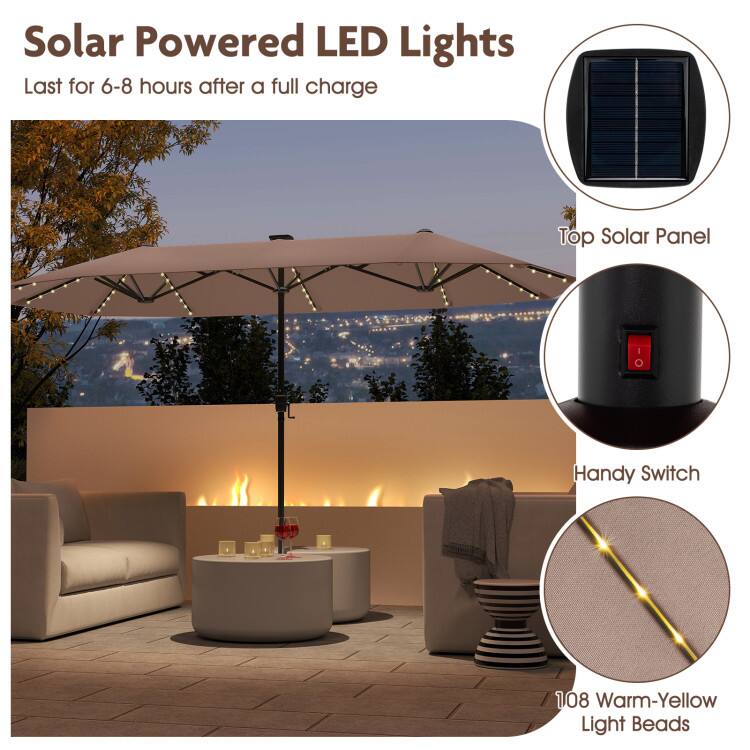 Solar Powered LED Lights  
Last for 6-8 hours after a full charge  

Top Solar Panel  
Handy Switch  
108 Warm-Yellow Light Beads