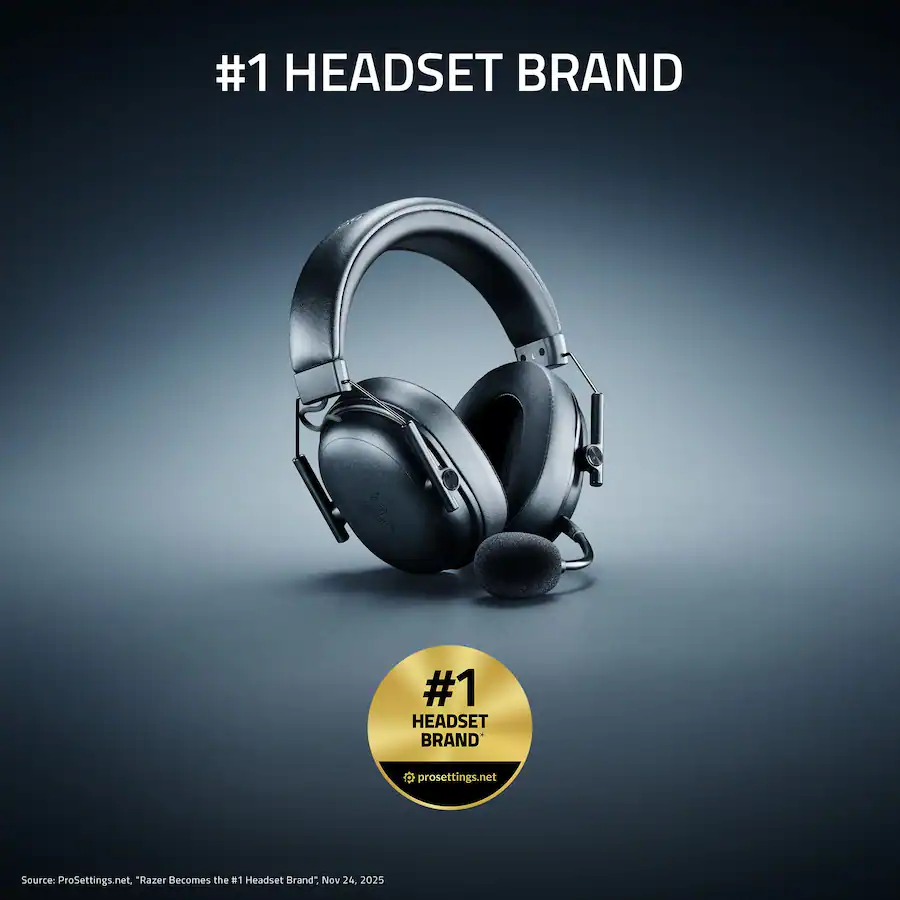 #1 MARCA DE AURICULARES prosettings.net Fuente: ProSettings.net, "Razer se convierte en la marca de auriculares número uno". 24 de noviembre de 2025