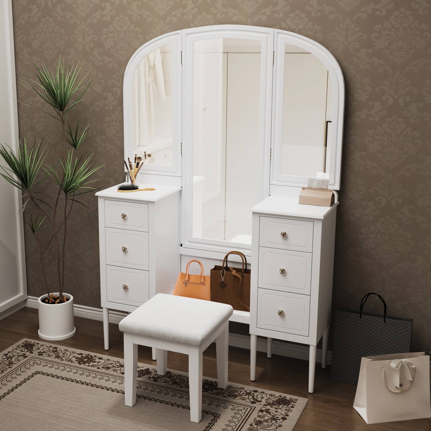 Angle. Lirago - White Antique Wood Dressing Table with Triple Mirror  for Bedroom 16.3”D x 46.5”W x 68.75”H - White.