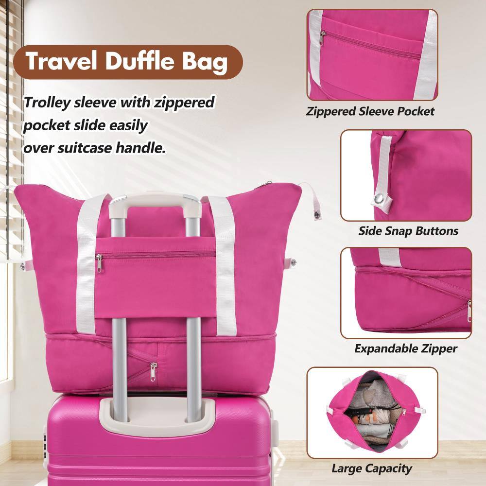 Travel Duffle Bag

- Trolley sleeve with zippered pocket slide easily over suitcase handle.
- Zippered Sleeve Pocket
- Side Snap Buttons
- Expandable Zipper
- Large Capacity