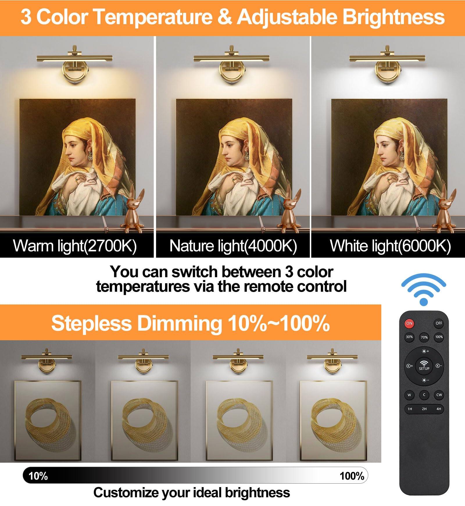 3 Color Temperature & Adjustable Brightness

Warm light(2700K)  
Nature light(4000K)  
White light(6000K)  

You can switch between 3 color temperatures via the remote control

Stepless Dimming 10%~100%  

Customize your ideal brightness