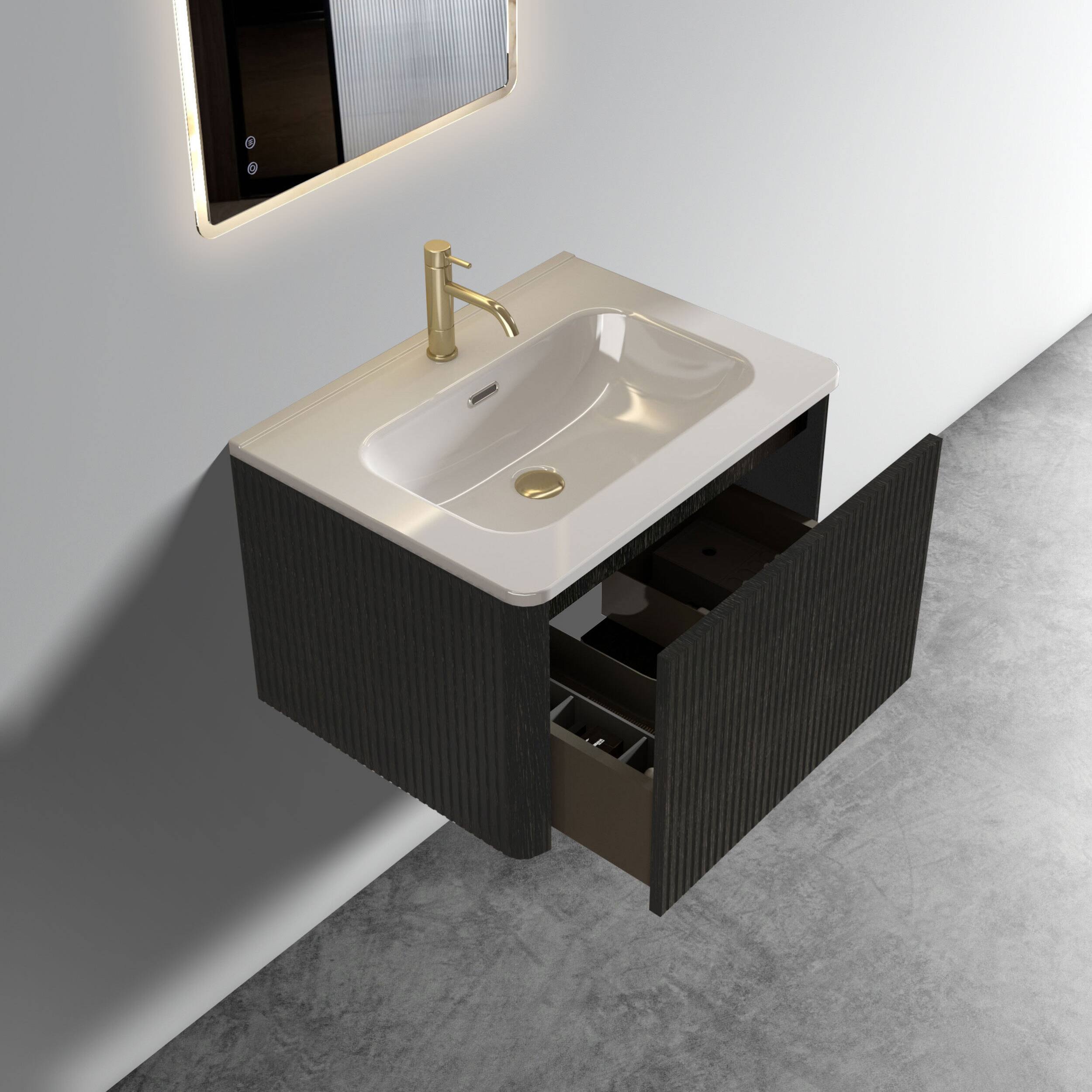 Angle. ELEMENT ACE - Modern Floating Bathroom Vanity with Integrated Ceramic Sink and Spacious Storage - Black.