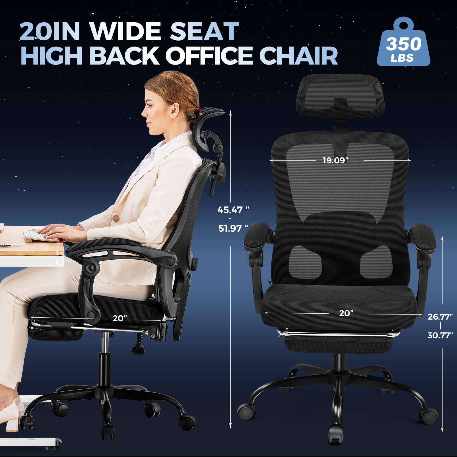 20IN WIDE SEAT HIGH BACK OFFICE CHAIR 350 LBS
19.09"
45.47" - 51.97"
20"
20"
26.77"
30.77"