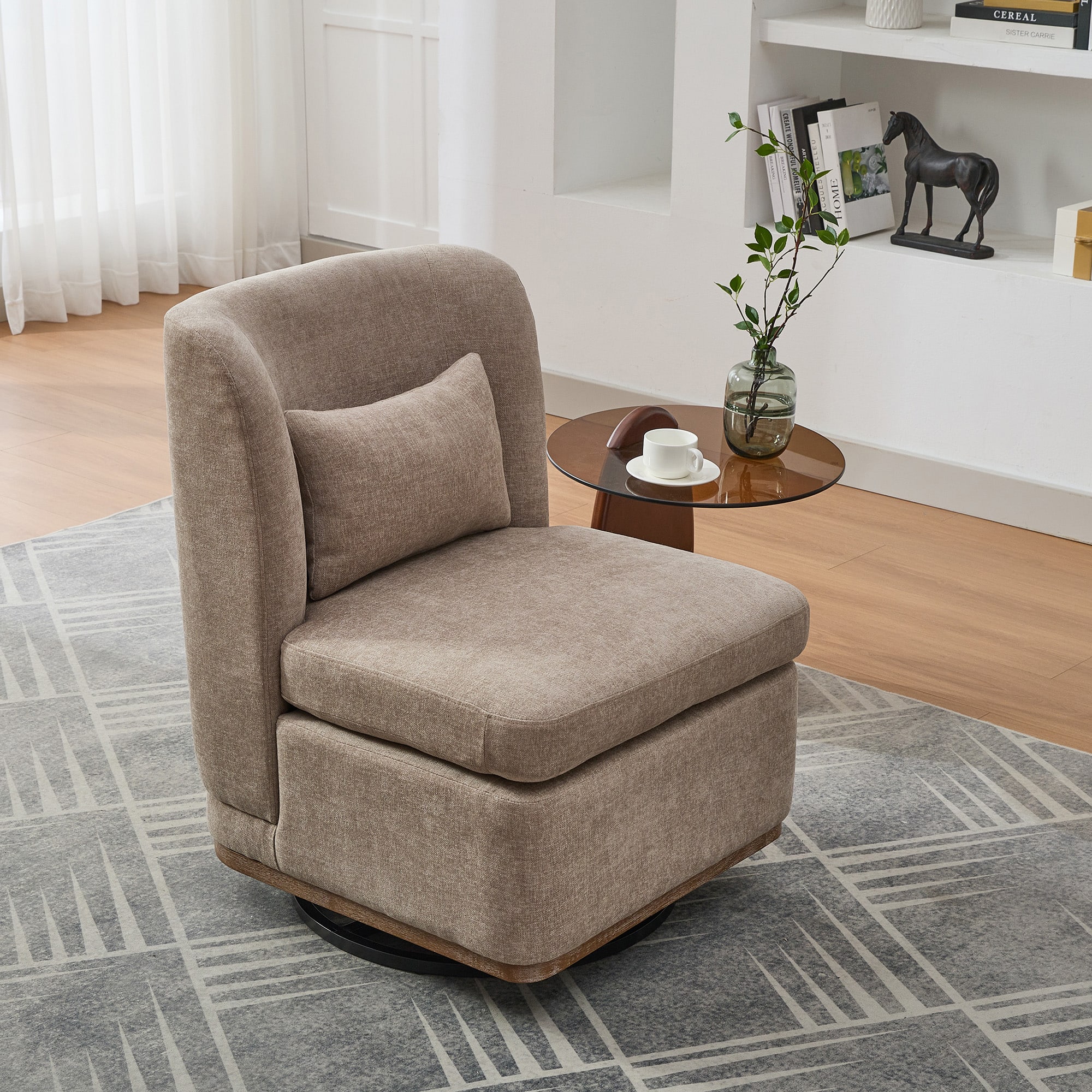 TinyHomie - 25 Inch Taupe 360 Swivel Armless Metal Base Chenille Cushioned Chair with Pillow - Brown
