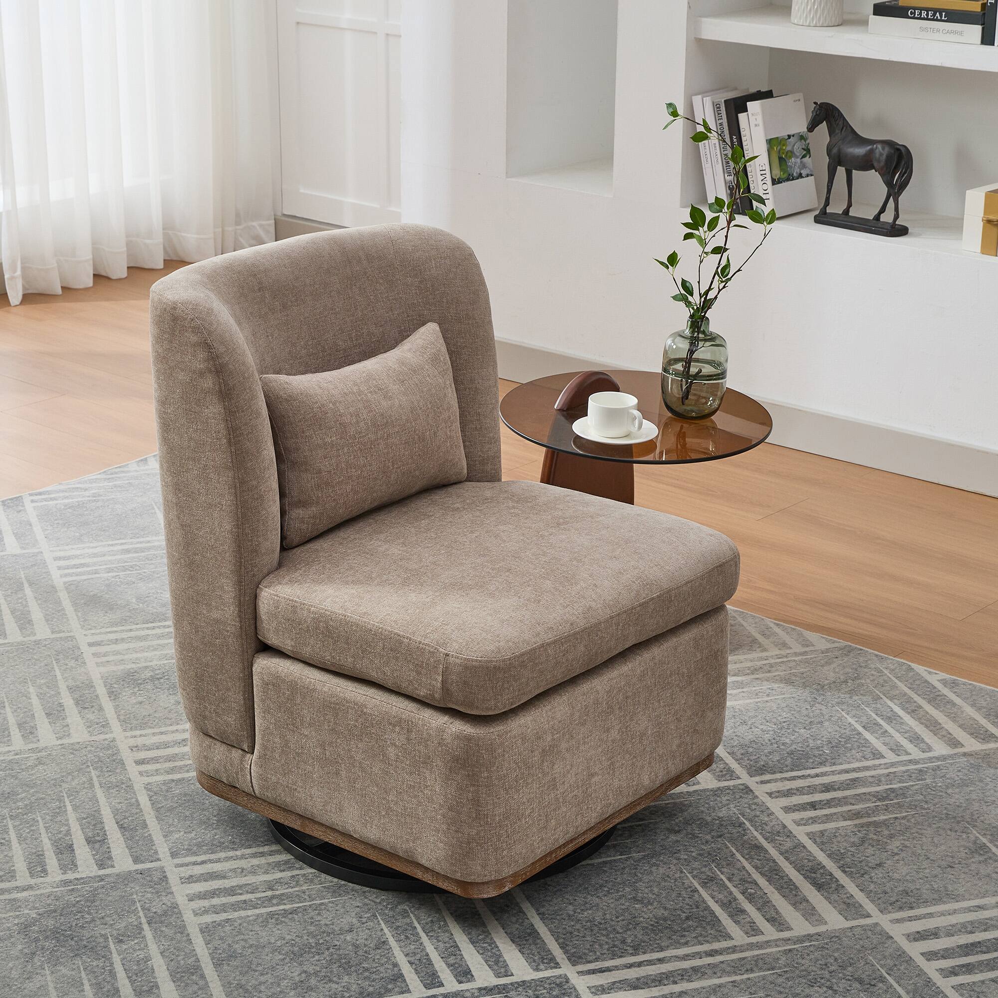 Front. TinyHomie - 25 Inch Taupe 360 Swivel Armless Metal Base Chenille Cushioned Chair with Pillow - brown.