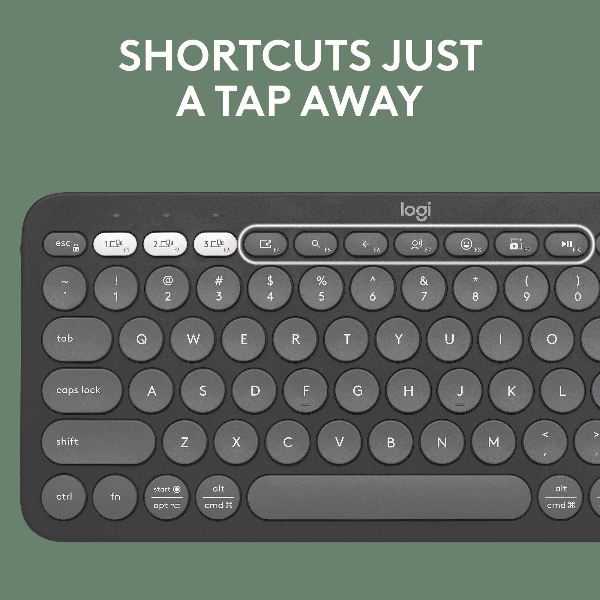 SHORTCUTS JUST A TAP AWAY logi esc 1 2 3 4 5 6 7 8 9 0 tab Q W E R T Y U I O caps lock A S D F G H J K L shift Z X C V B N M < > ctrl fn start opt alt cmd ctrl fn start opt alt cmd x