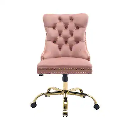 Front. Ecooso - Modern Velvet Upholstered Tufted Button Home Office Chair with Metal Base,Adjustable Swivel Chair (Pink) - Pink.