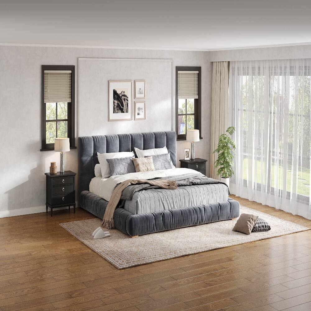 Back. Loheer - Loheer King Size Upholstered Velvet Platform Bed Frame Gray Low Profile - Gray.