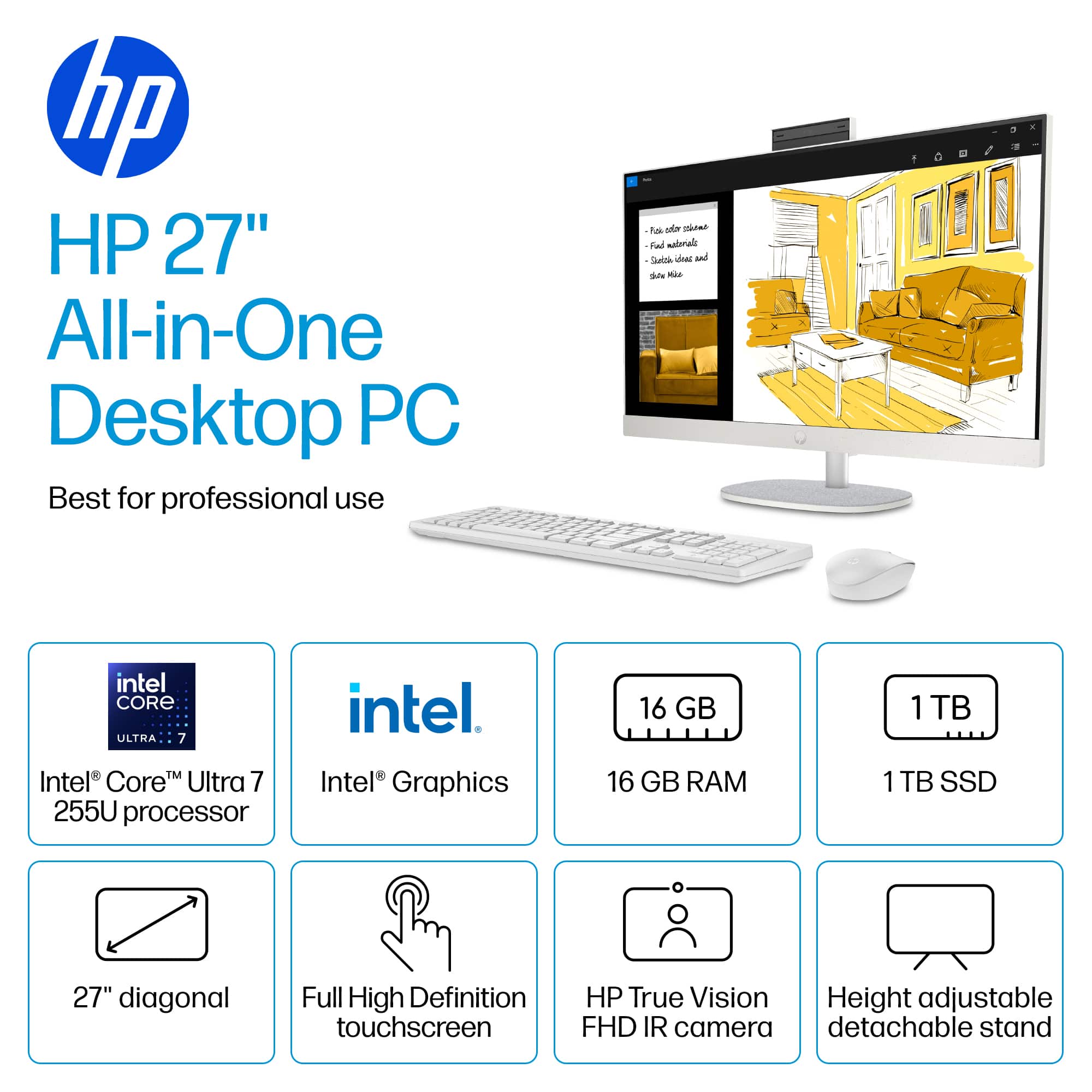 The text on the image is already grouped and correctly written. It reads:
"hp 27" All-in-One Desktop PC Best for professional use - L sa Mre Fad sabrals el and die - intel CORE ULTRA - 7 IM Intel Core Ultra 7 255U processor intel. Intel Graphics 16 GB 16 GB RAM 1 TB 1 B SSD 27" diagonal Full High Definition touchscreen HP True Vision Height adjustable FHD IR camera detachable stand"