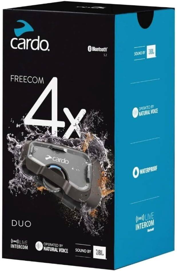 cardo.  
FREECOM 4x  
Bluetooth 5.2  
SOUND BY JBL  
OPERATED BY NATURAL VOICE  
WATERPROOF  
DUO  
((10)) LIVE INTERCOM  
OPERATED BY NATURAL VOICE  
SOUND BY JBL