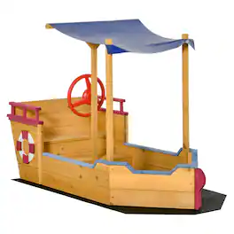 Outsunny - Pirate Ship Sandbox, Cover, Rudder, Wooden Sandbox, Storage Bench and Seat, Outdoor Toy, Ages 3-8 Years Old