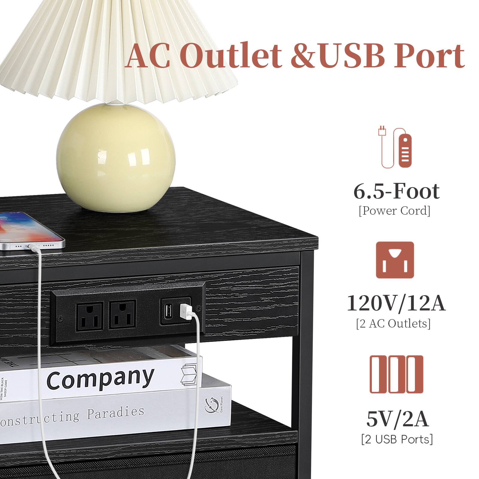 AC Outlet & USB Port  
6.5-Foot [Power Cord]  
120V/12A [2 AC Outlets]  
5V/2A [2 USB Ports]