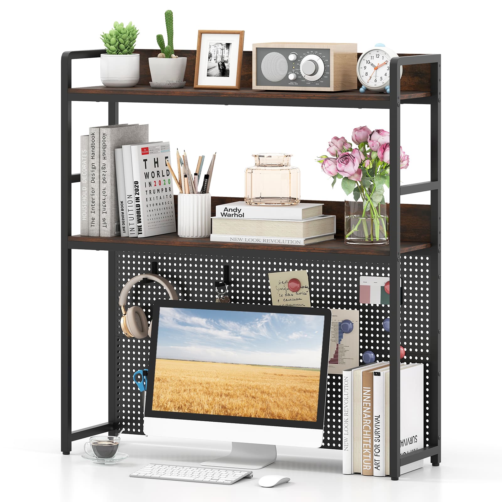 Gymax - 2-Tier Countertop Desktop Bookshelf w/ Metal Pegboard 2 Anti-tipping Devices - Black, Silver