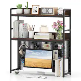 Gymax - 2-Tier Countertop Desktop Bookshelf w/ Metal Pegboard 2 Anti-tipping Devices - Black/Silver