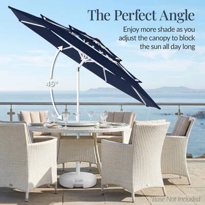 best 3 tier patio umbrella Solar LED Lighted 11FT 3-Tier, UV-Resistant Market Umbrella with Tilt Adjustment, Large Outdoor Sun Shade for Yard, Poolside, Deck - 8 Ribs, Polyester Fabric 8 Sturdy Fiberglass Ribs Best Choice Products 10ft 3-Tier