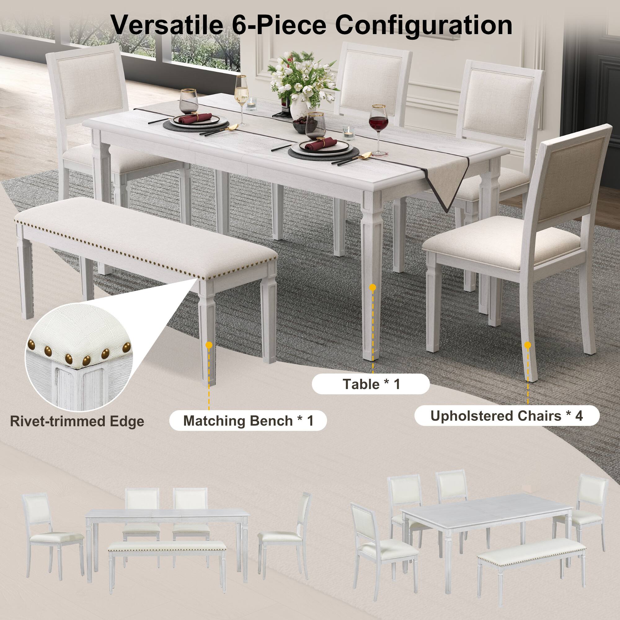 Versatile 6-Piece Configuration

- Table *1
- Matching Bench *1
- Upholstered Chairs *4
- Rivet-trimmed Edge