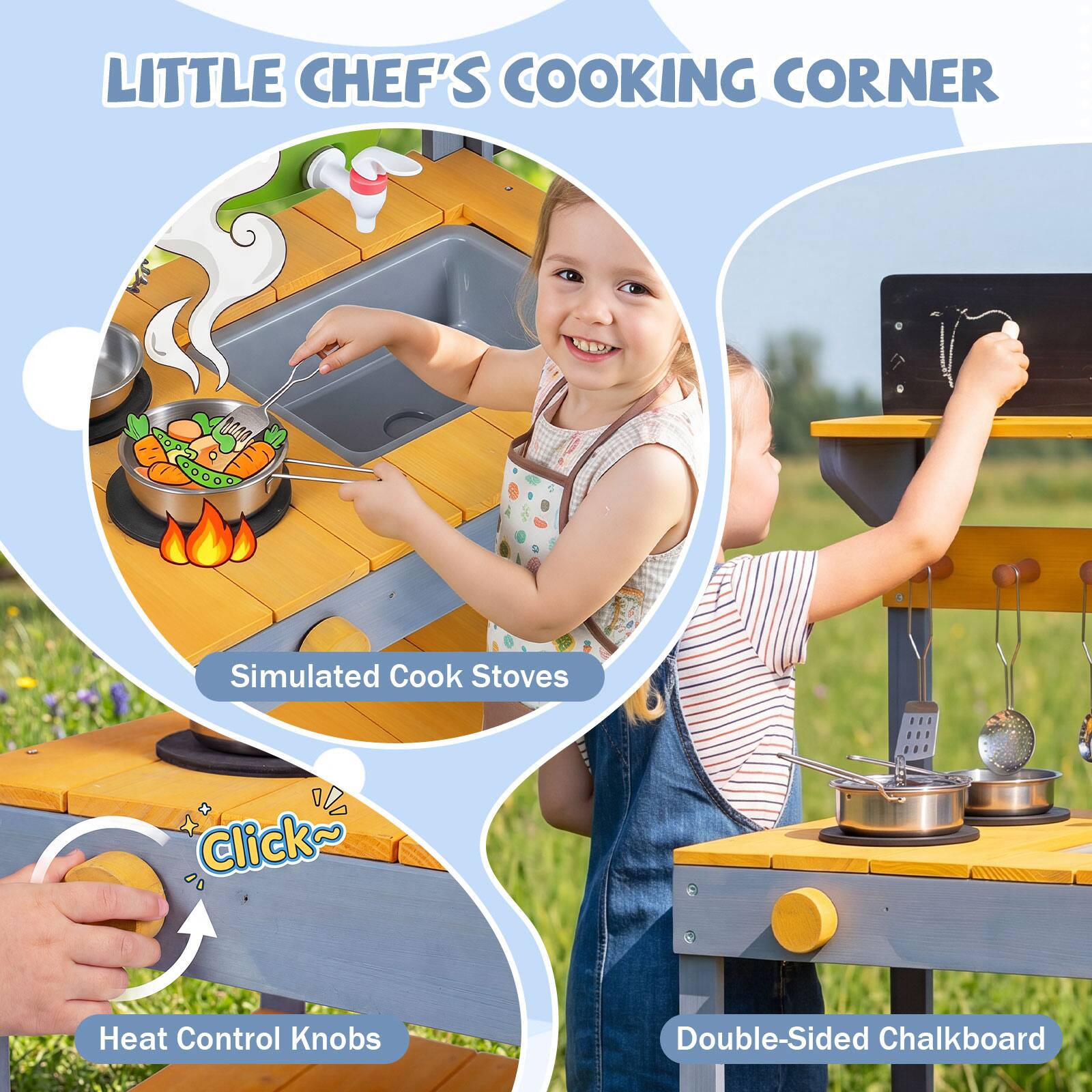 LITTLE CHEF'S COOKING CORNER  
Simulated Cook Stoves  
Click~  
Heat Control Knobs  
Double-Sided Chalkboard