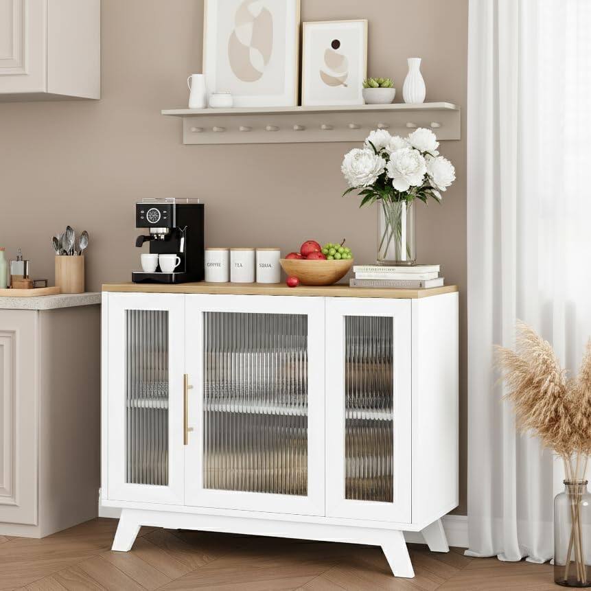 Acekool - 36" Small Buffet Cabinet, Fluted Glass Door, Adjustable Shelf, Mid-Century Sideboard - Oak