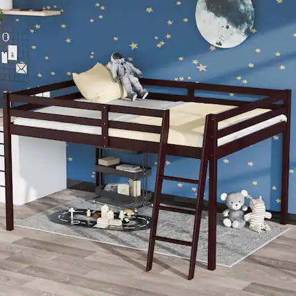 Front. Winado - 47'' Junior Low Loft Bed with Stairs, Wood Loft Bed Twin Size for Adults, Kids and Young Teens, No Box Spring Required - Espresso.