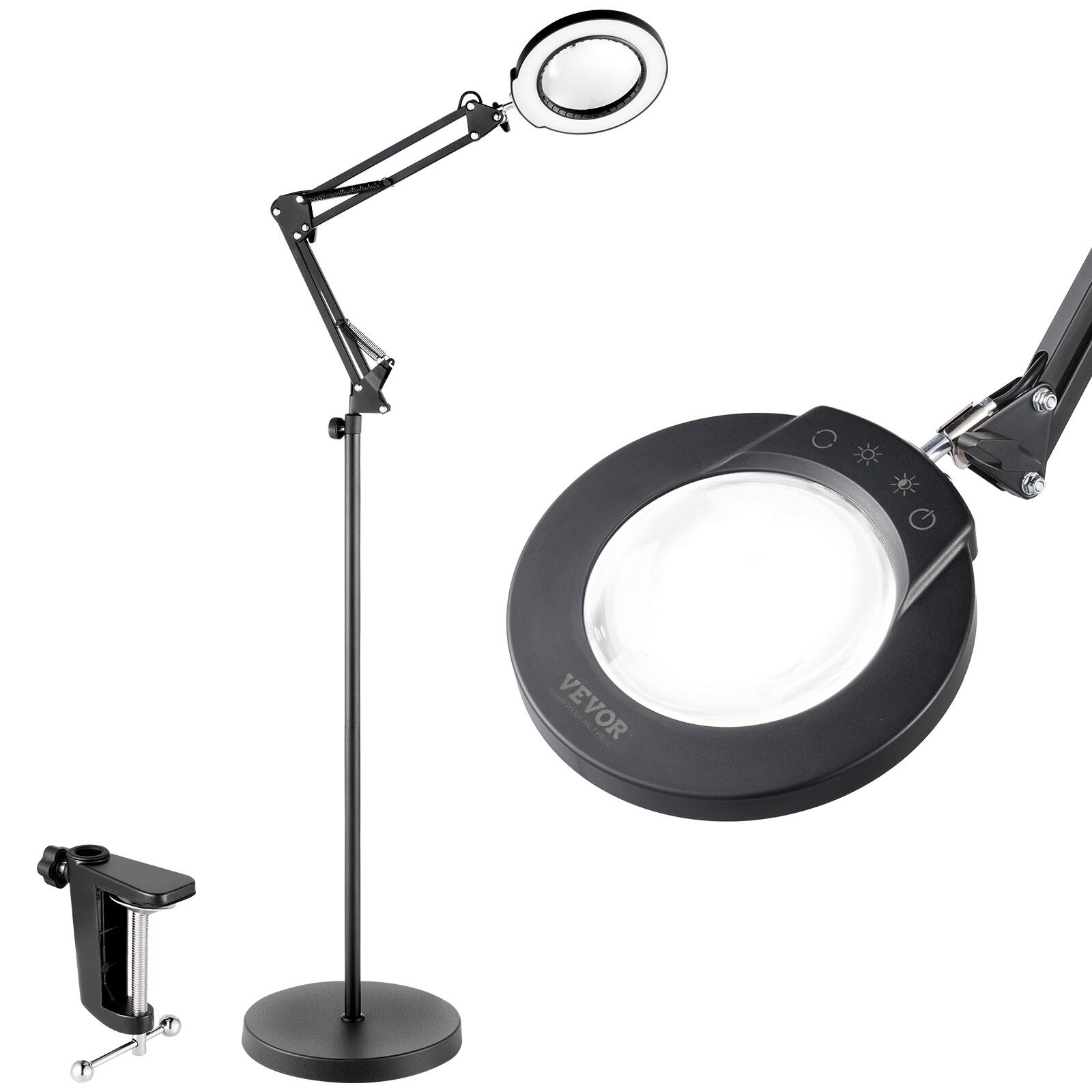 Front. VEVOR - Magnifying Floor Lamp,5X Standing Magnifying Glass with Light,Height Adjustable Floor Magnifier,3-in-1LED 5 Color Modes - Black.
