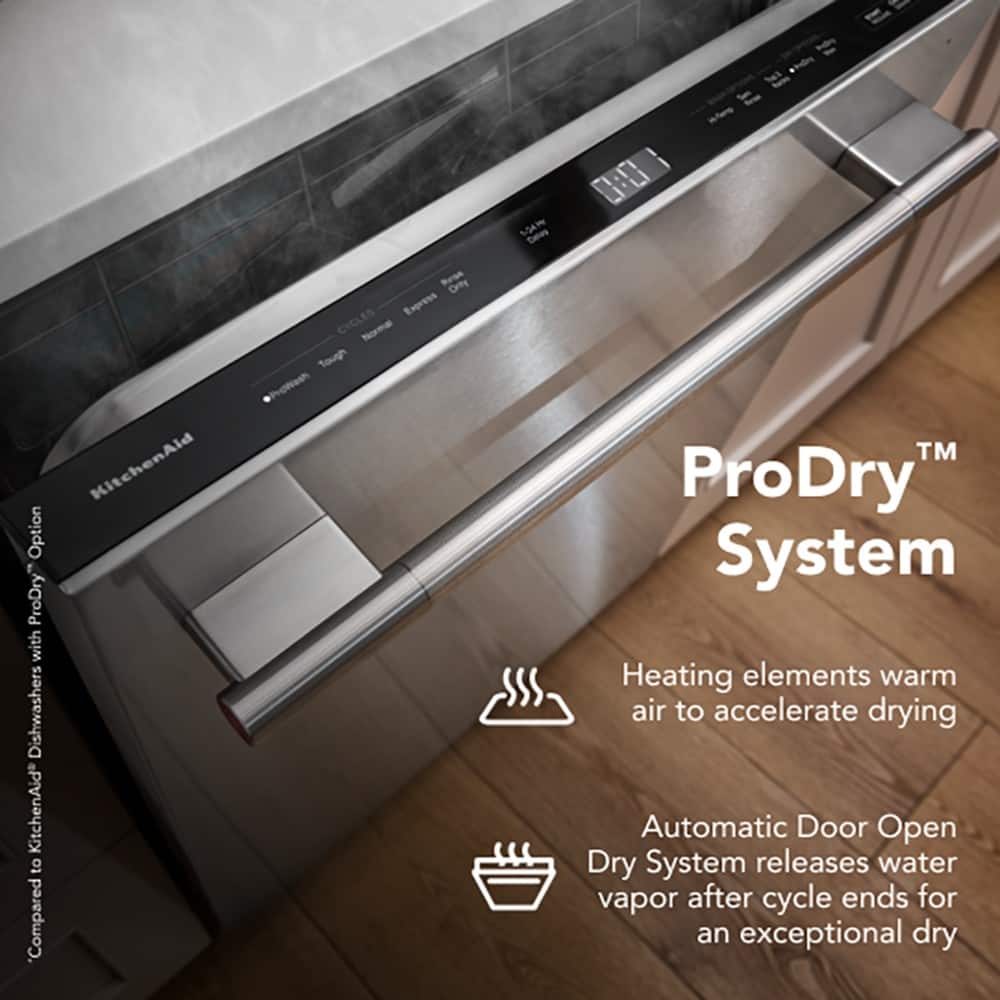 ProDry™ System
- Heating elements warm air to accelerate drying
- Automatic Door Open Dry System releases water vapor after cycle ends for an exceptional dry
Compared to KitchenAid® Dishwashers with ProDry™ Option