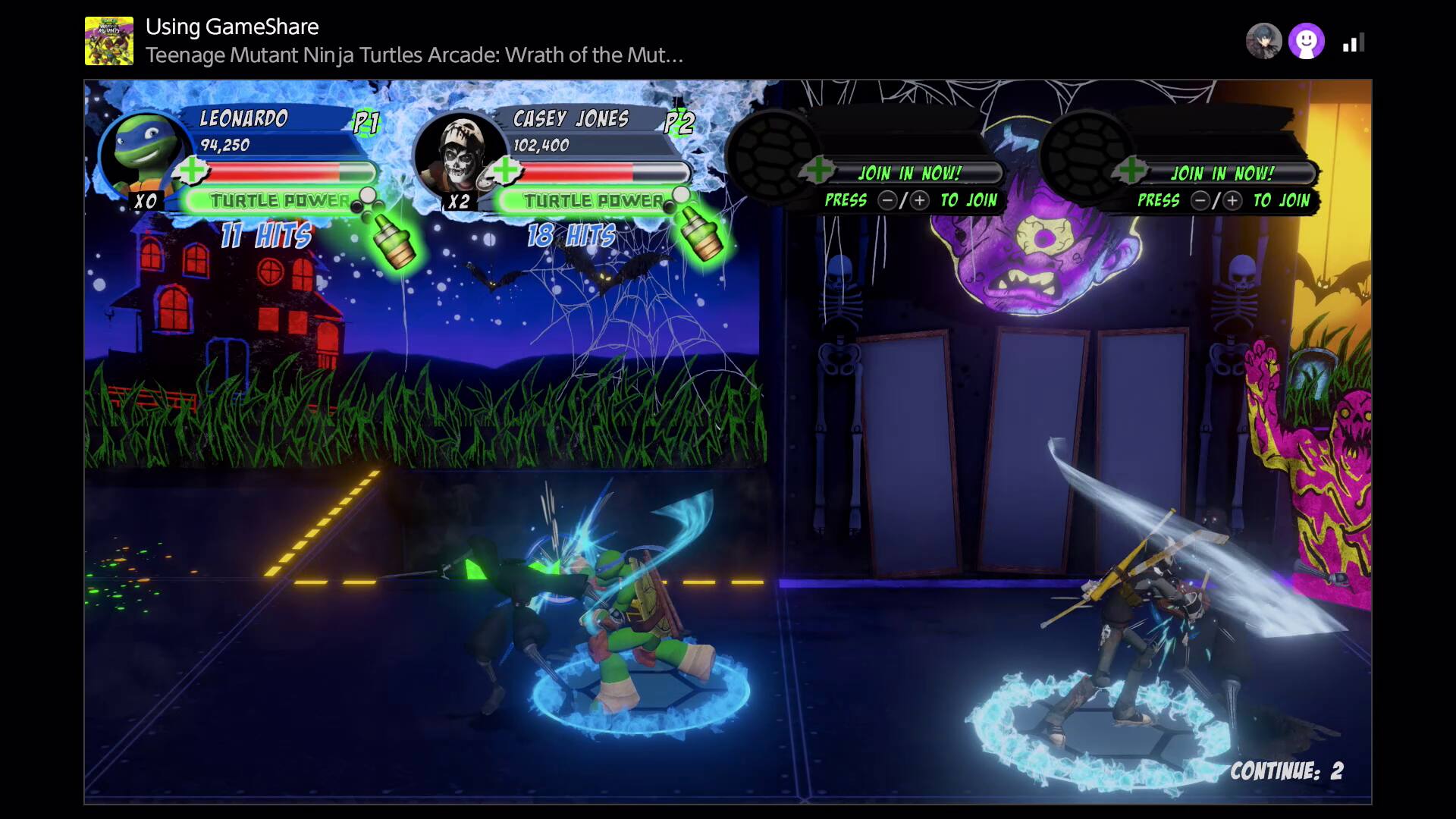 Using GameShare  
Teenage Mutant Ninja Turtles Arcade: Wrath of the Mut...

LEONARDO P1 94,250 + TURTLE POWER 11 HITS  
CASEY JONES P2 102,400 TURTLE POWER 18 HITS  

JOIN IN NOW! PRESS - + TO JOIN  
JOIN IN NOW! PRESS + TO JOIN  

CONTINUE: 2