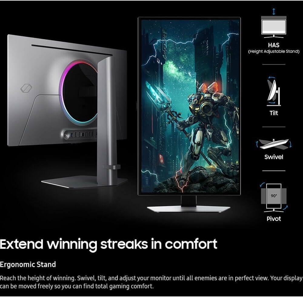 **I HAS (Height Adjustable Stand) Tilt Swivel 90° Pivot**

**Extend winning streaks in comfort**

**Ergonomic Stand**

Reach the height of winning. Swivel, tilt, and adjust your monitor until all enemies are in perfect view. Your display can be moved freely so you can find total gaming comfort.

- **HAS** (Height Adjustable Stand)
- **Tilt**
- **Swivel**
- **Pivot** (90°)