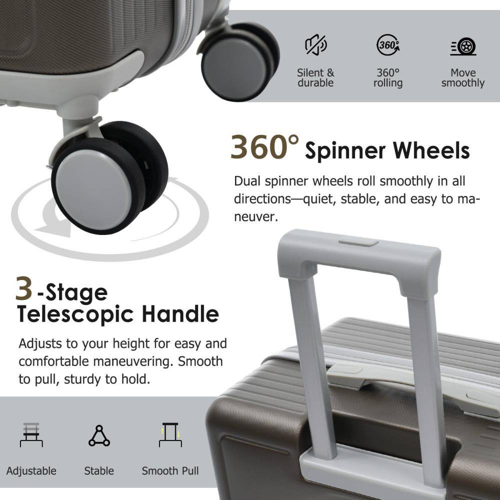 360° Spinner Wheels  
Dual spinner wheels roll smoothly in all directions—quiet, stable, and easy to maneuver.

3-Stage Telescopic Handle  
Adjusts to your height for easy and comfortable maneuvering. Smooth to pull, sturdy to hold.

Silent & durable  
360° rolling  
Move smoothly

Adjustable  
Stable  
Smooth Pull