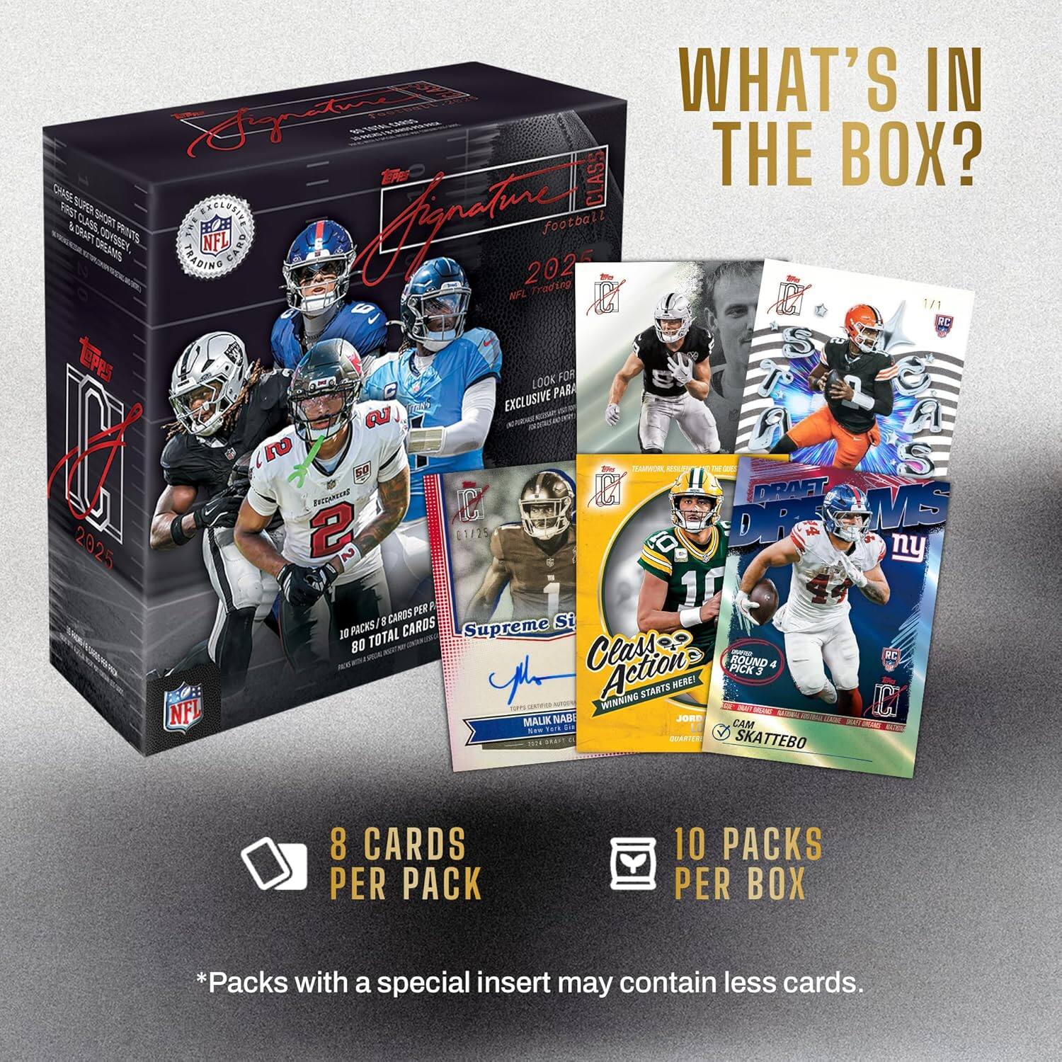 WHAT'S IN THE BOX?  
NFL Trading 2025  
10 PACKS PER BOX  
8 CARDS PER PACK  
*Packs with a special insert may contain less cards.