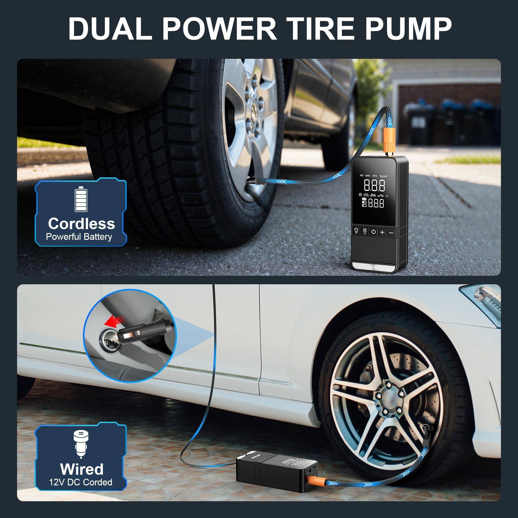 DUAL POWER TIRE PUMP

Cordless  
Powerful Battery

Wired  
12V DC Corded