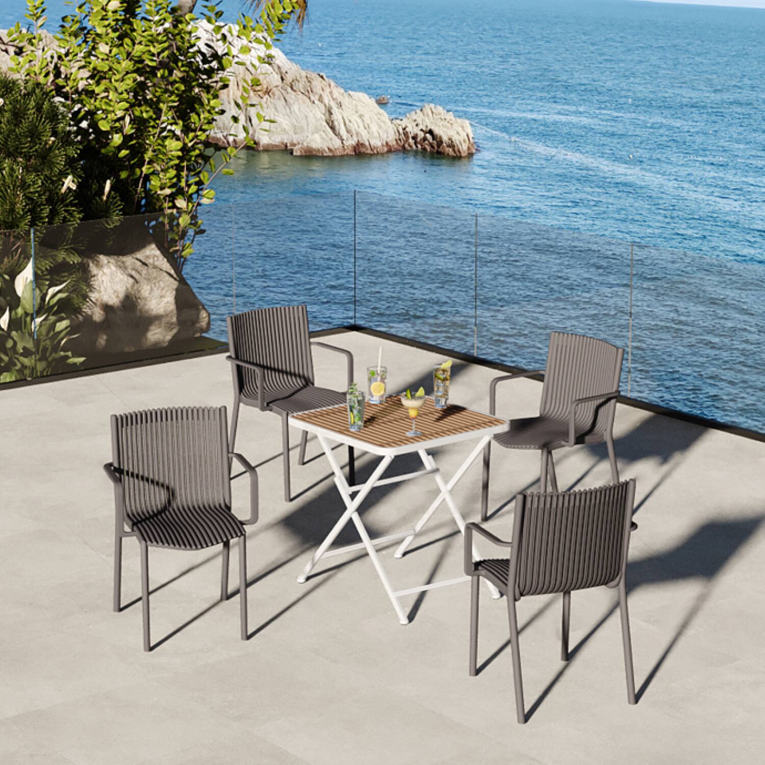 Left. Mondawe - 5-Piece Outdoor Dining Set – Square Folding Table with 4 Stackable PP Armchair - Grey+White.