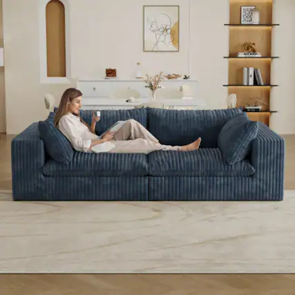 Front. LUCKY ONE - Modular 2-Seater Cloud Sofa Feather-Filled Cushion No Wood Frame Compressed Shipping - Blue.