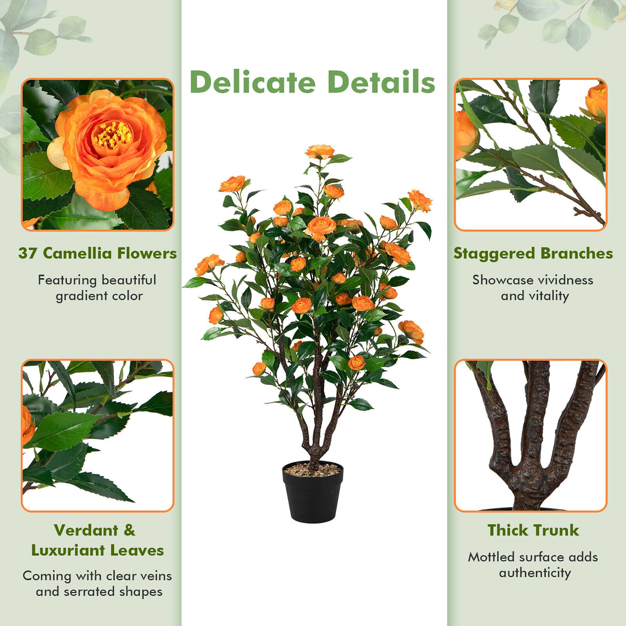 Delicate Details

37 Camellia Flowers  
Featuring beautiful gradient color

Verdant & Luxuriant Leaves  
Coming with clear veins and serrated shapes

Staggered Branches  
Showcase vividness and vitality

Thick Trunk  
Mottled surface adds authenticity