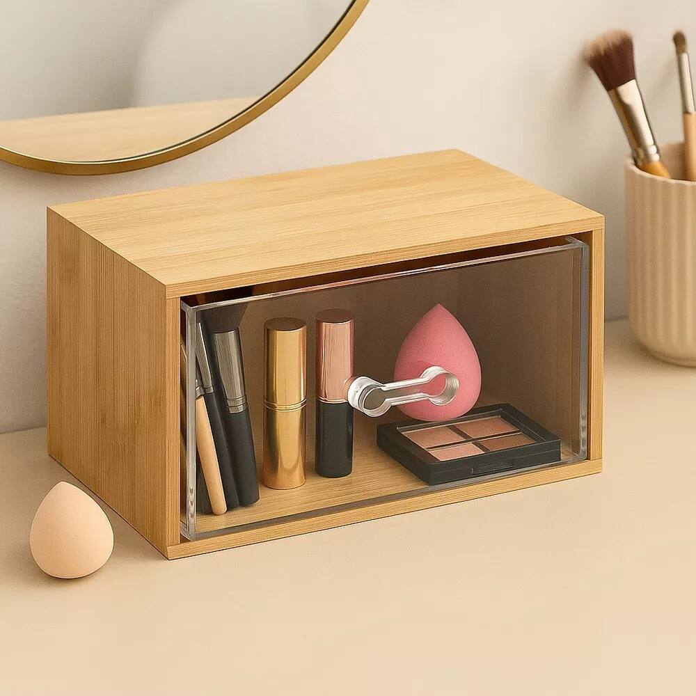 Angle. Elle - Bamboo Makeup Organizer with Clear Acrylic Drawer, Compact Single‑Drawer Storage Box for Cosmetics, Skincare, & Vanity - Clear/Natural Bamboo.